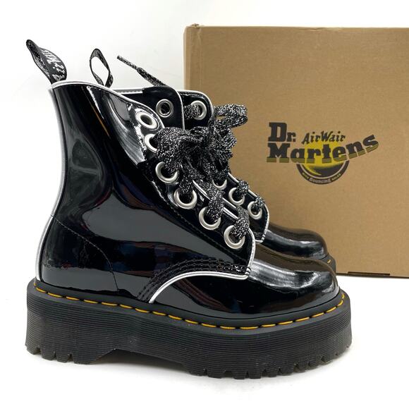 Dr. Martens Shoes - SOLD-Dr Martens Molly Combat Boots Black Silver 6-Eye Platform Patent Women's